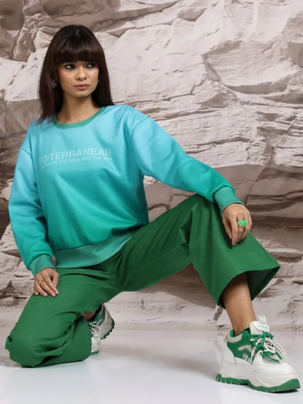 Tokyo Talkies Women Blue Printed Pullover Round Neck Sweatshirts
