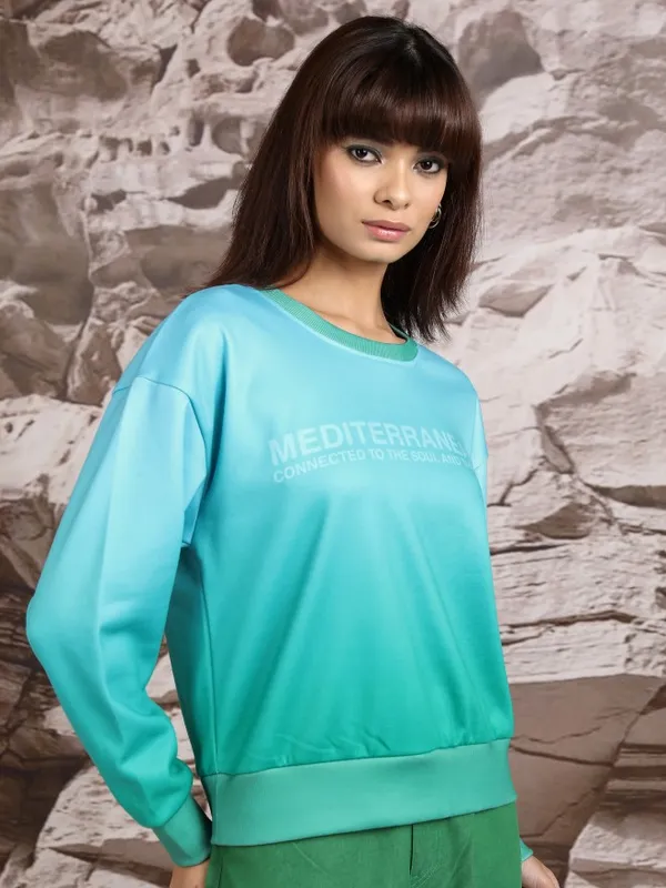  Tokyo Talkies Women Blue Printed Pullover Round Neck Sweatshirts