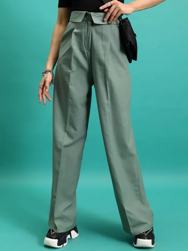  Tokyo Talkies Women Green Solid Regular Fit Casual Trousers