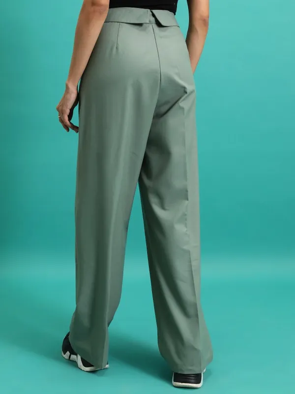  Tokyo Talkies Women Green Solid Regular Fit Casual Trousers