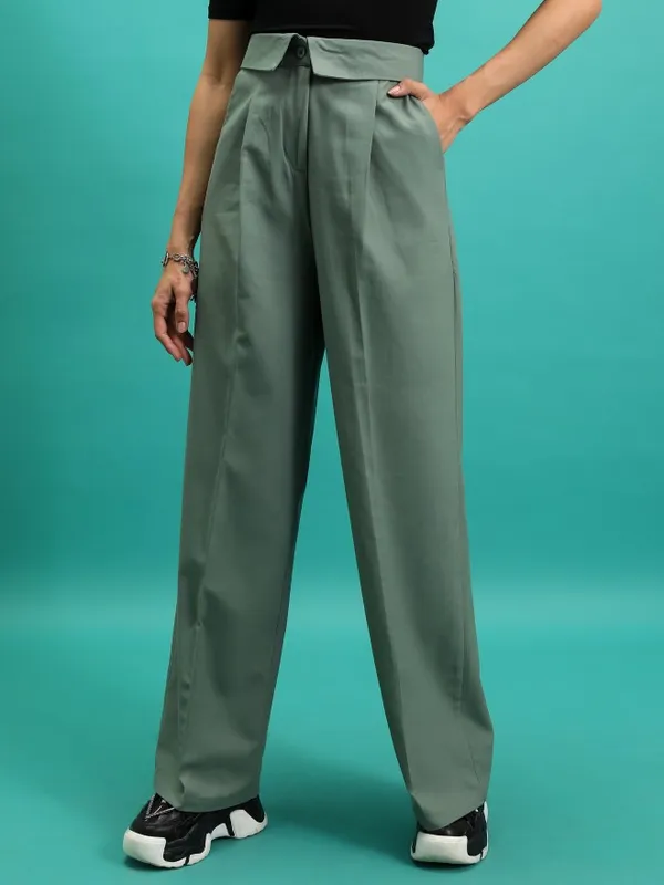  Tokyo Talkies Women Green Solid Regular Fit Casual Trousers
