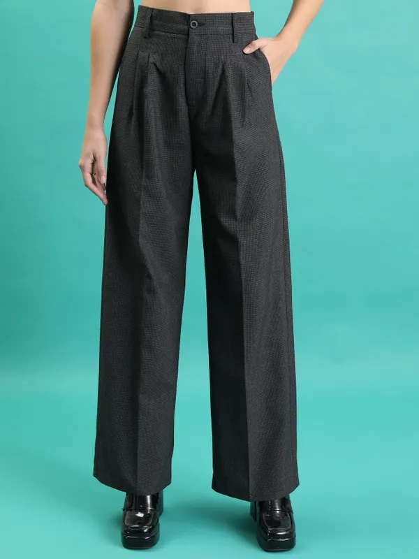 Tokyo Talkies Women Charcoal Solid Wide Leg Casual Trouser