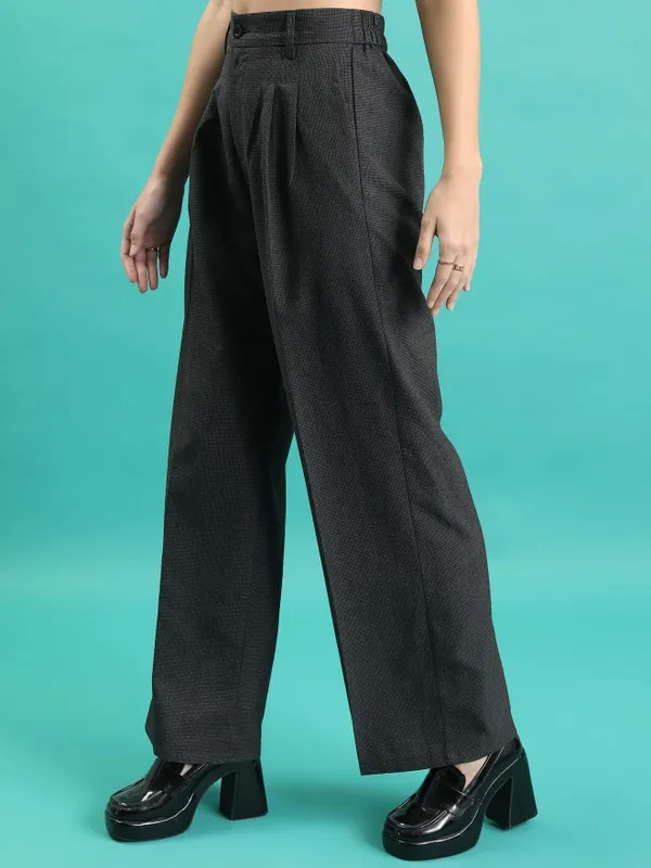 Tokyo Talkies Women Charcoal Solid Wide Leg Casual Trouser