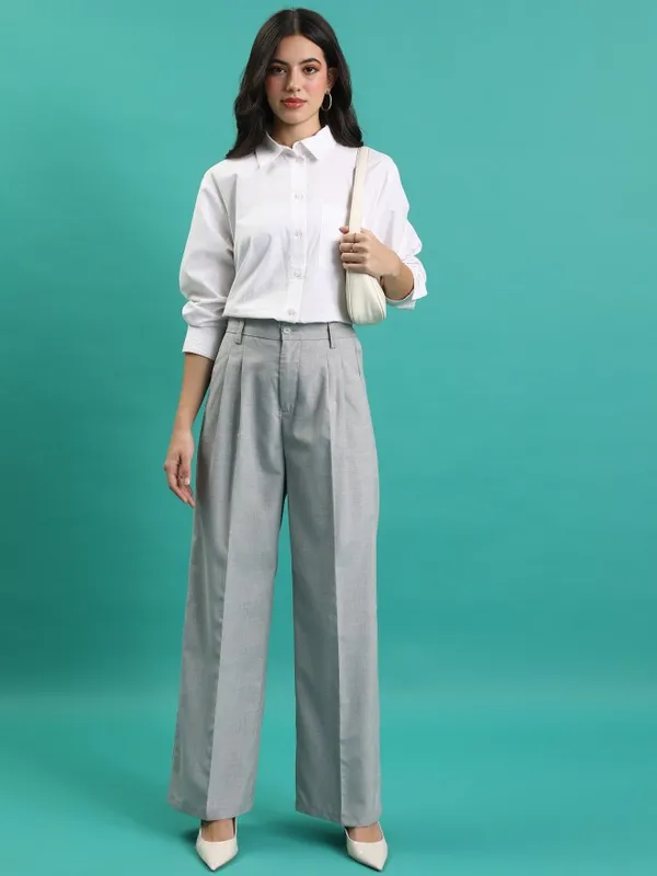 Solid Wide Leg Casual Trouser