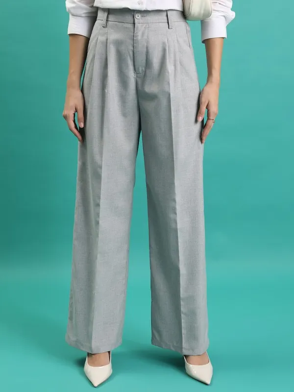  Tokyo Talkies Women Grey Solid Wide Leg Casual Trousers