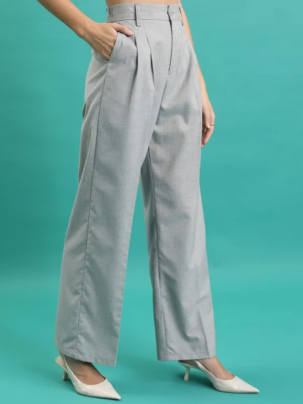  Tokyo Talkies Women Grey Solid Wide Leg Casual Trousers