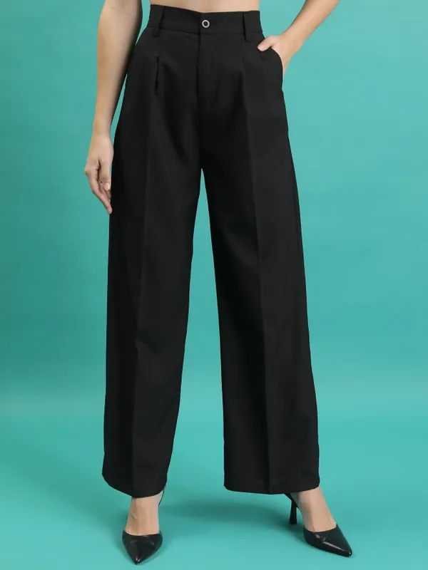  Tokyo Talkies Women Black Solid Wide Leg Casual Trousers