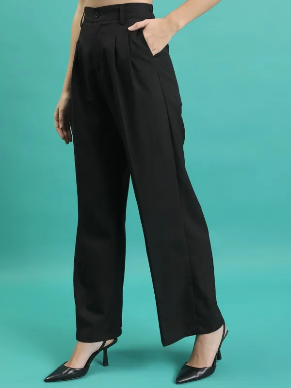  Tokyo Talkies Women Black Solid Wide Leg Casual Trousers