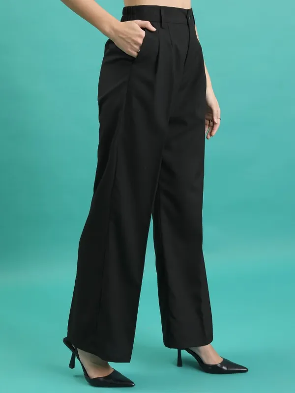  Tokyo Talkies Women Black Solid Wide Leg Casual Trousers