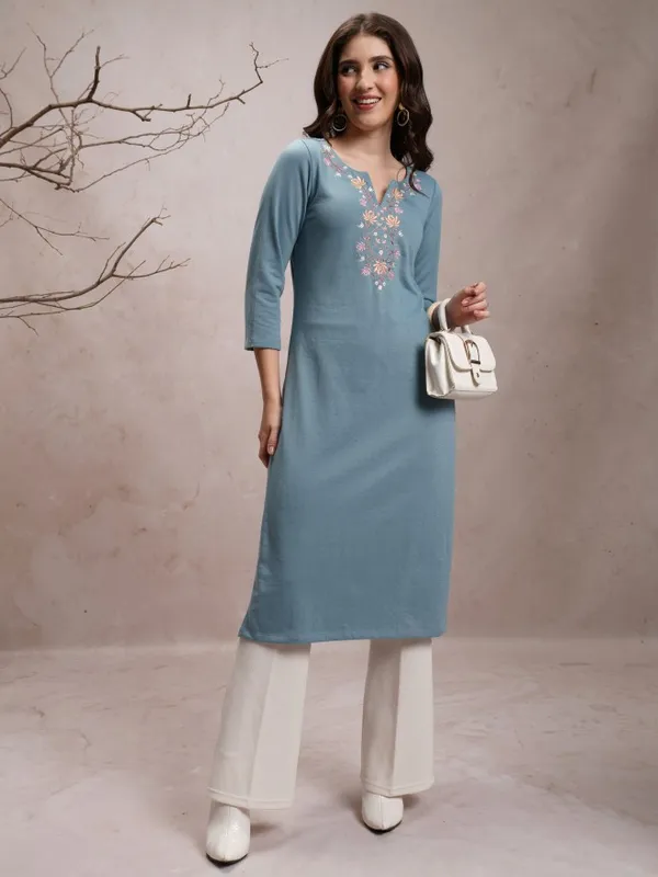  Ketch Women Blue Embroidered Straight Kurtas