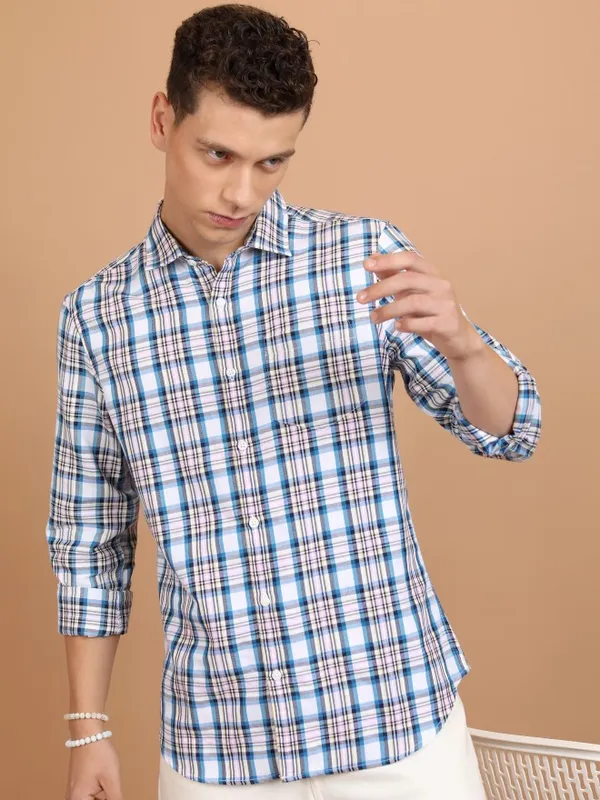  Ketch Men White Checked Slim Fit Casual Shirts