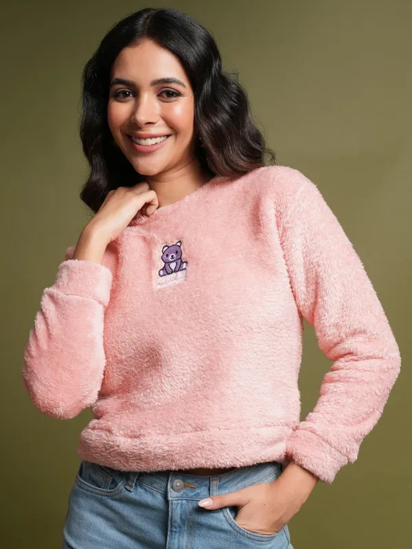  Tokyo Talkies Women Pink Self Design Pullover Round Neck Sweatshirts