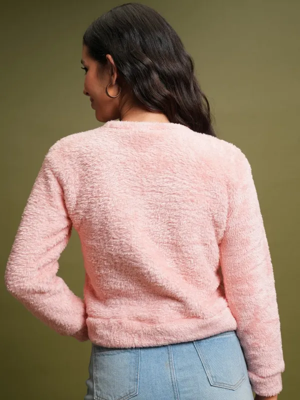  Tokyo Talkies Women Pink Self Design Pullover Round Neck Sweatshirts