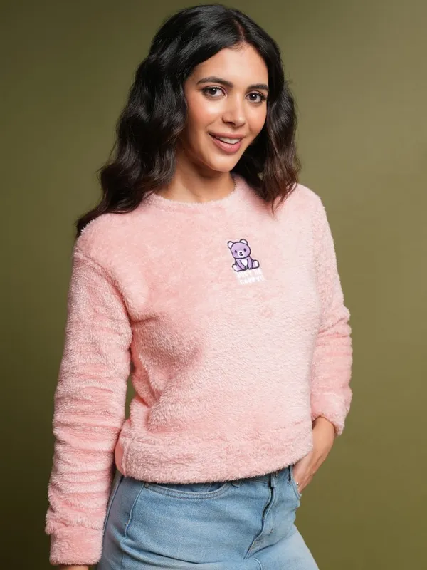  Tokyo Talkies Women Pink Self Design Pullover Round Neck Sweatshirts