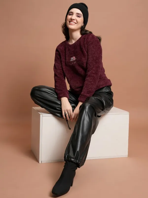 Tokyo Talkies Women Maroon Self Design Pullover Round Neck Sweatshirts