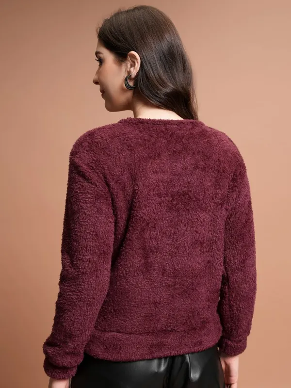  Tokyo Talkies Women Maroon Self Design Pullover Round Neck Sweatshirts