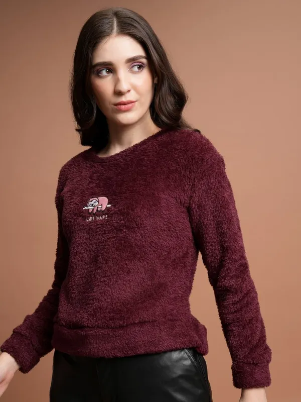  Tokyo Talkies Women Maroon Self Design Pullover Round Neck Sweatshirts
