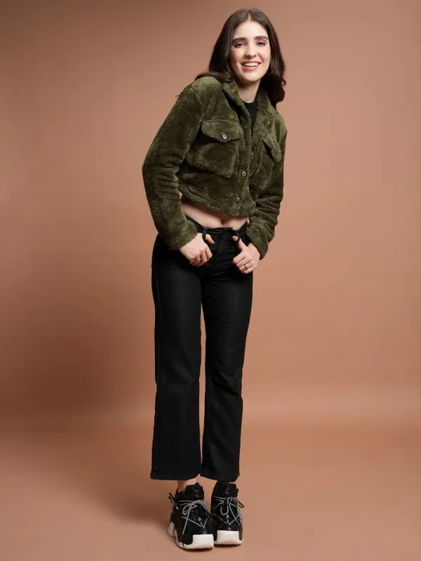  Tokyo Talkies Women Green Open Front Jacket Jackets