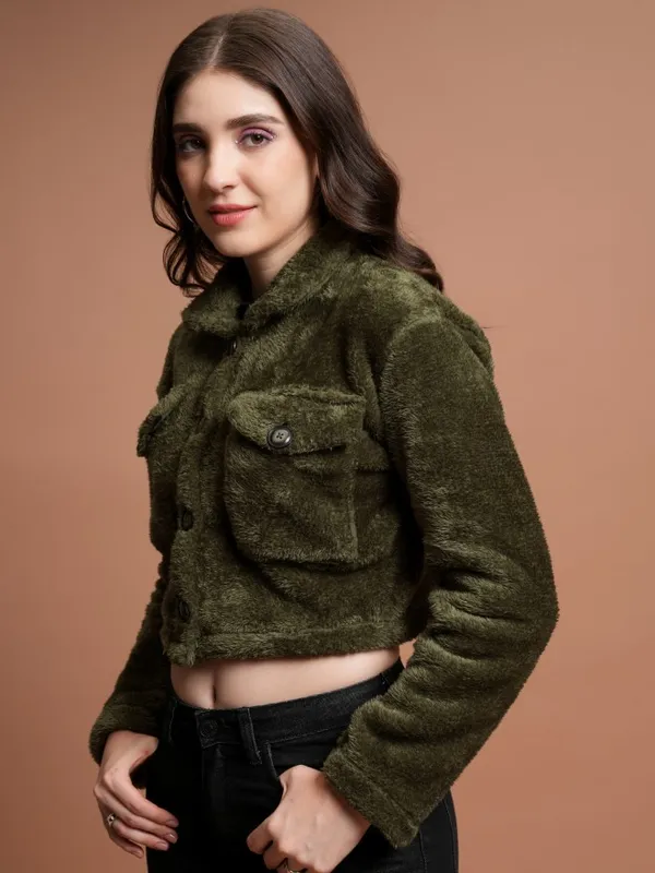  Tokyo Talkies Women Green Open Front Jacket Jackets