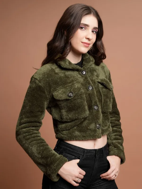  Tokyo Talkies Women Green Open Front Jacket Jackets