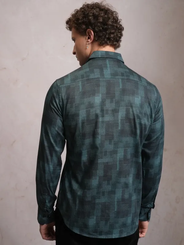 Locomotive Men Teal Printed Slim Fit Casual Shirts