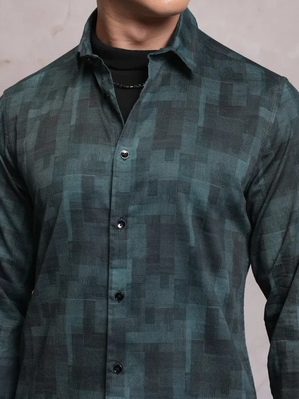  Locomotive Men Teal Printed Slim Fit Casual Shirts