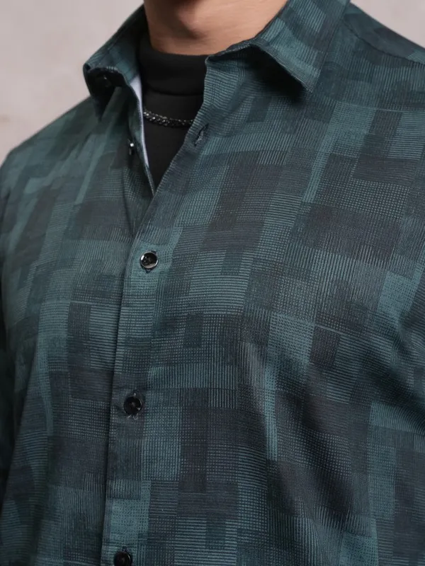  Locomotive Men Teal Printed Slim Fit Casual Shirts