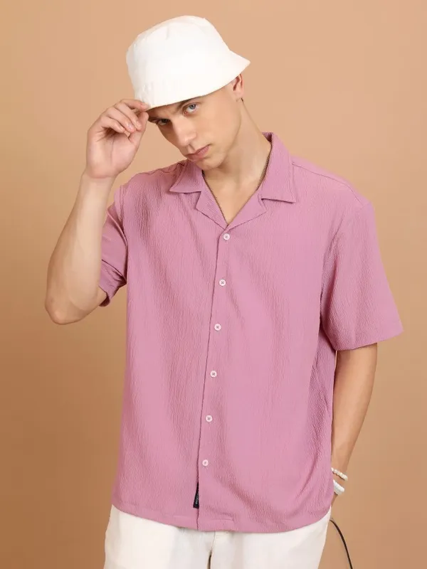  Highlander Men Lavender Self Design Oversized Fit Casual Shirts