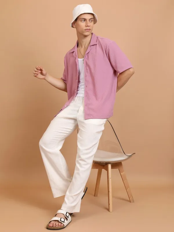 Highlander Men Lavender Self Design Oversized Fit Casual Shirts