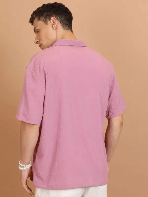  Highlander Men Lavender Self Design Oversized Fit Casual Shirts