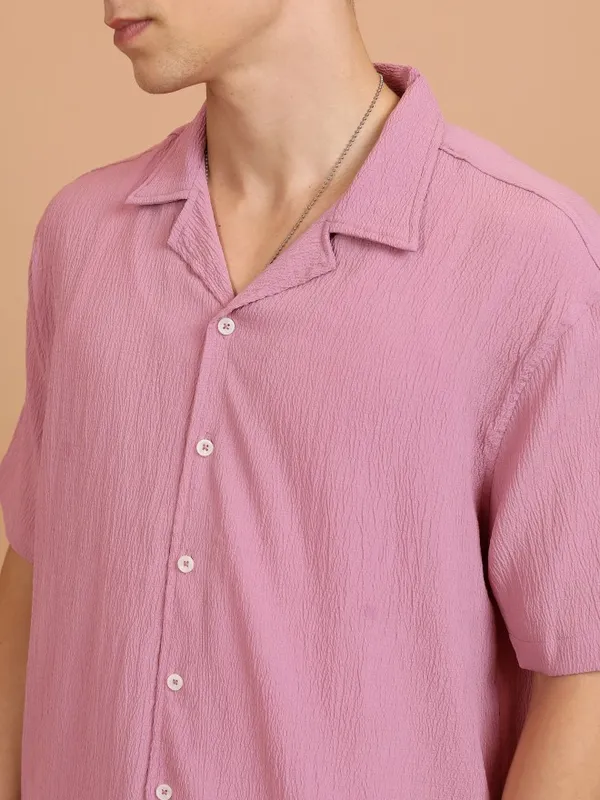  Highlander Men Lavender Self Design Oversized Fit Casual Shirts