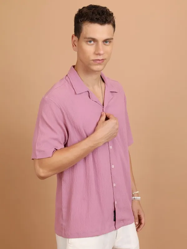  Highlander Men Lavender Self Design Oversized Fit Casual Shirts