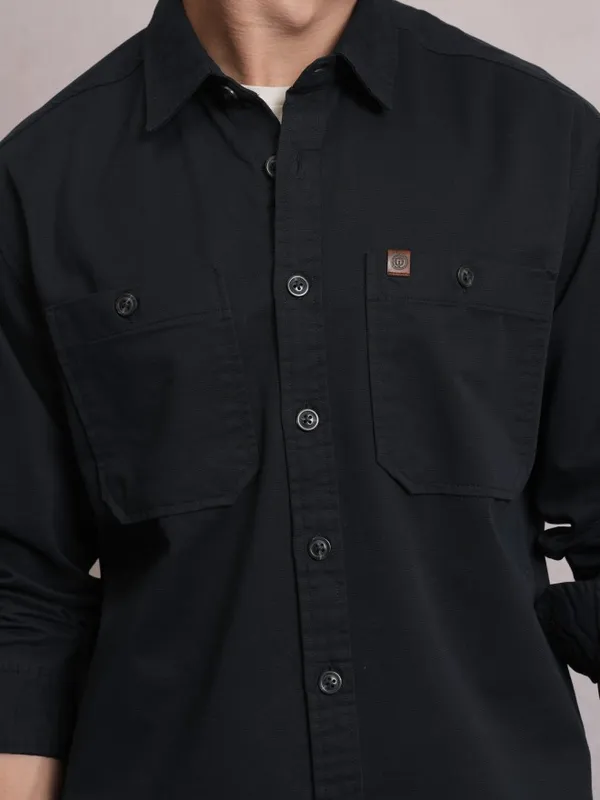  Locomotive Men Navy Blue Solid Oversized Fit Casual Shirts