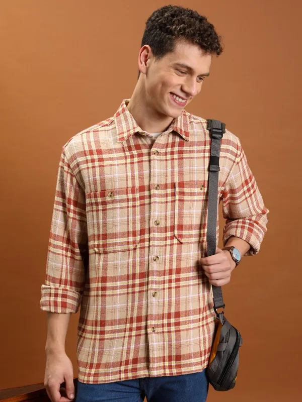  Highlander Men Beige Checked Oversized Fit Casual Shirts