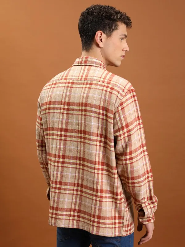  Highlander Men Beige Checked Oversized Fit Casual Shirts