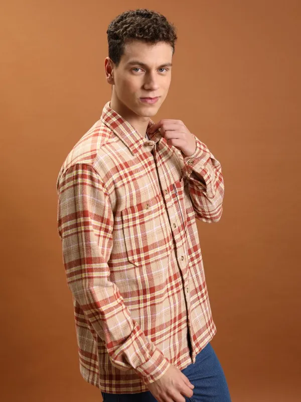  Highlander Men Beige Checked Oversized Fit Casual Shirts