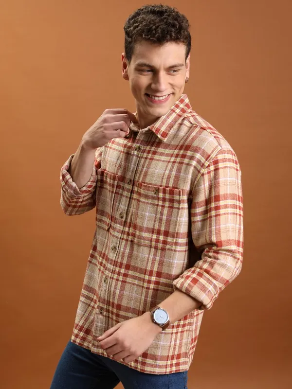  Highlander Men Beige Checked Oversized Fit Casual Shirts