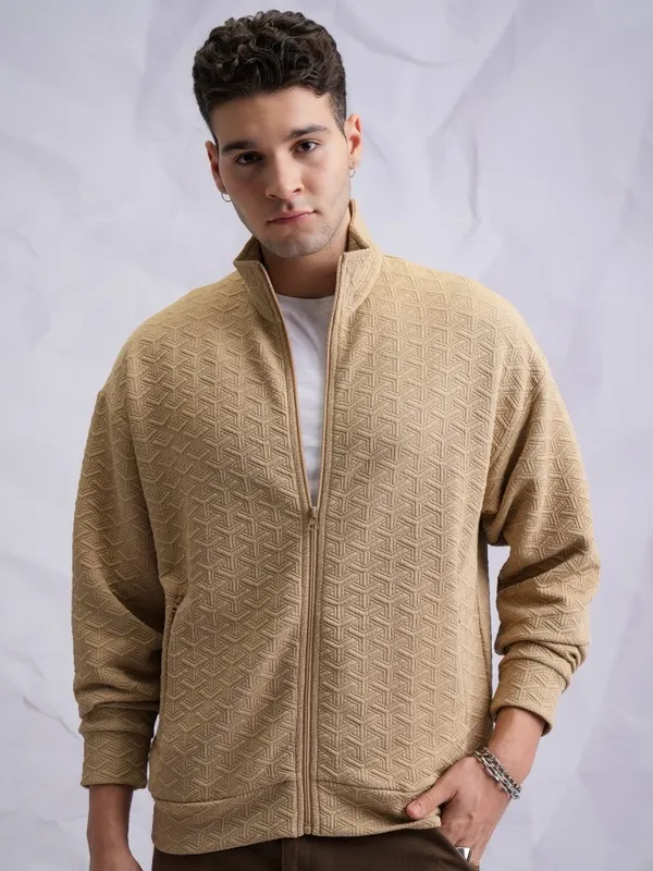  Highlander Men Brown Shirt Collar Front-Open Sweatshirts