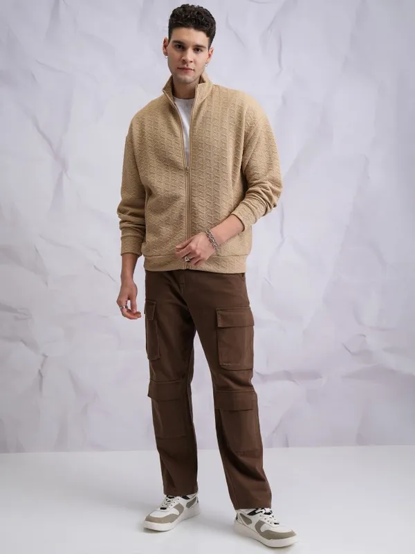  Highlander Men Brown Shirt Collar Front-Open Sweatshirts