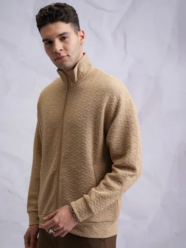  Highlander Men Brown Shirt Collar Front-Open Sweatshirts