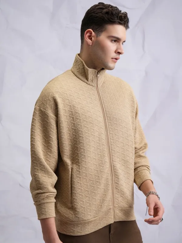  Highlander Men Brown Shirt Collar Front-Open Sweatshirts