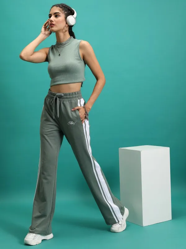  Tokyo Talkies Women Green Wide Leg Track Pants