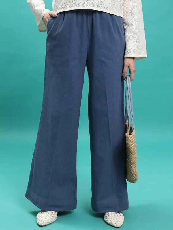  Tokyo Talkies Women Blue Solid Flared  Casual Trousers