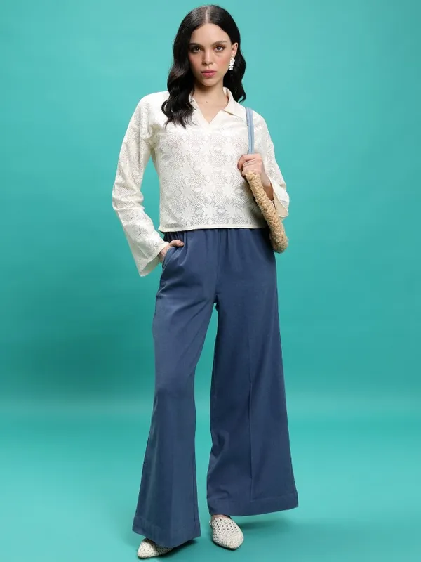  Tokyo Talkies Women Blue Solid Flared  Casual Trousers