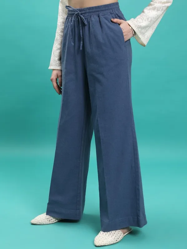  Tokyo Talkies Women Blue Solid Flared  Casual Trousers