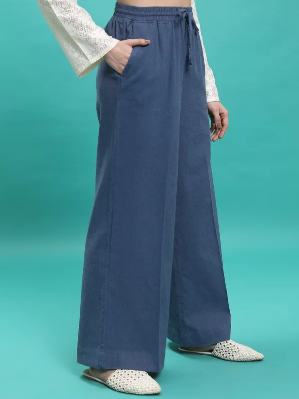  Tokyo Talkies Women Blue Solid Flared  Casual Trousers