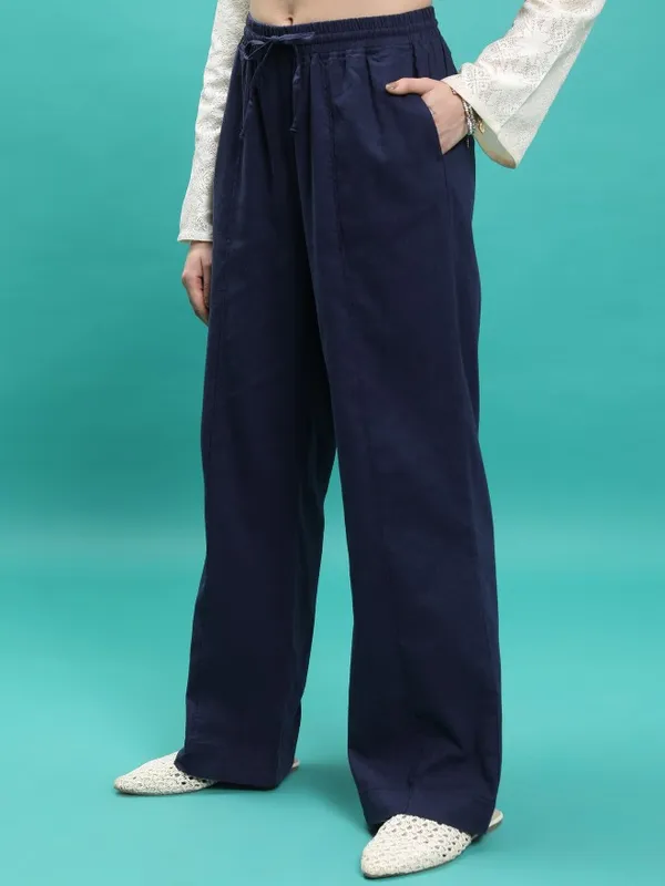  Tokyo Talkies Women Blue Solid Flared  Casual Trousers