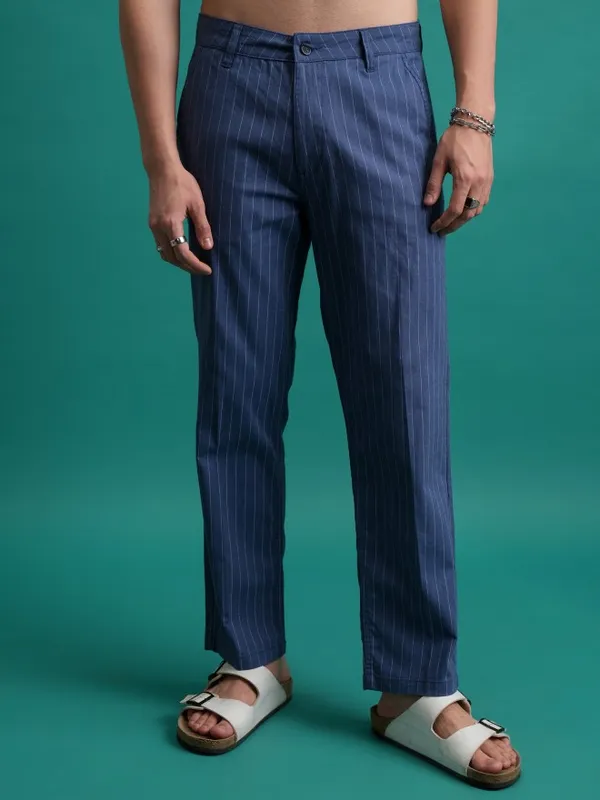 Highlander Men Blue Regular Fit Striped Casual Trousers