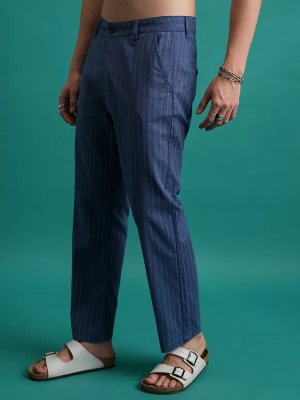  Highlander Men Blue Regular Fit Striped Casual Trousers