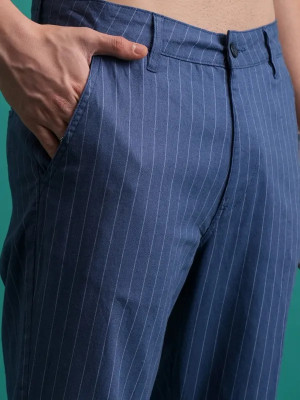  Highlander Men Blue Regular Fit Striped Casual Trousers
